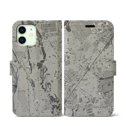 【小田急相模原（神奈川県）】地図柄iPhoneケース（手帳タイプ）モノトーン・iPhone 12 mini 用