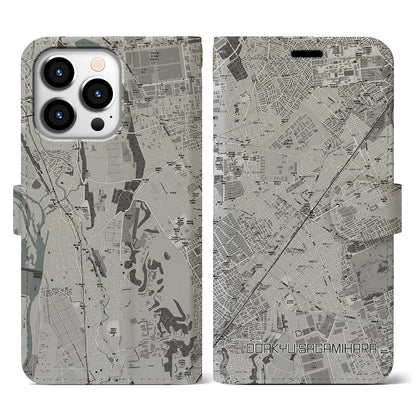【小田急相模原（神奈川県）】地図柄iPhoneケース（手帳タイプ）モノトーン・iPhone 13 Pro 用