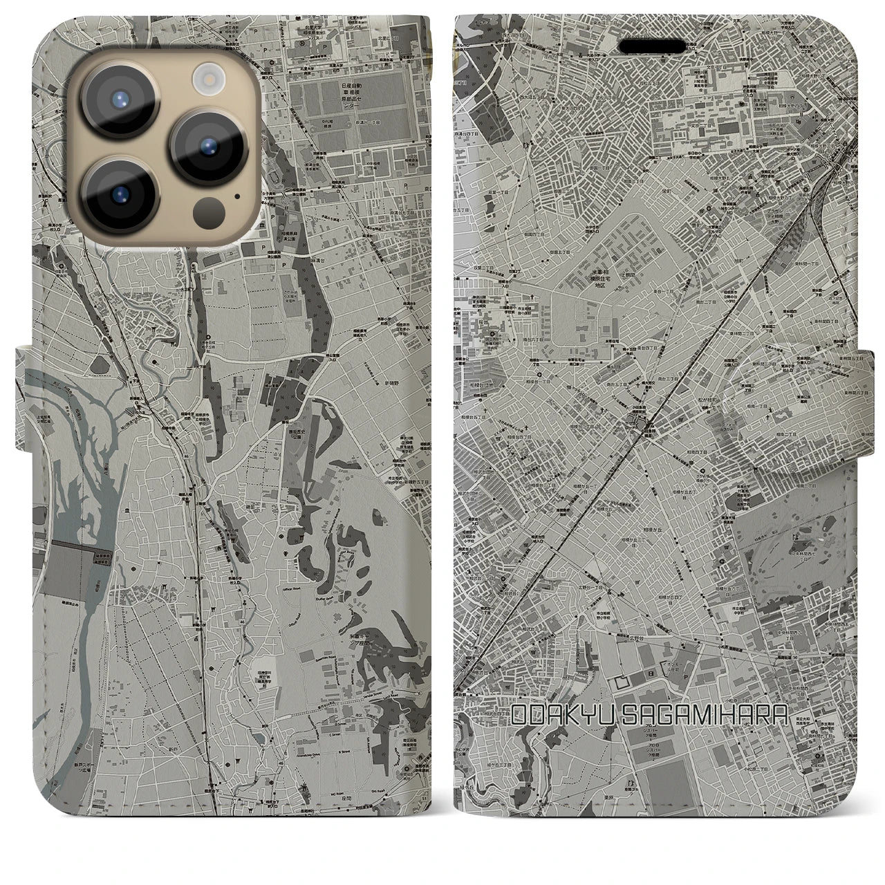 【小田急相模原】地図柄iPhoneケース（手帳両面タイプ・モノトーン）iPhone 14 Pro Max 用