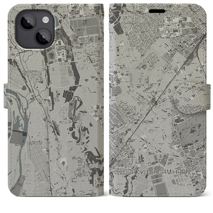 【小田急相模原（神奈川県）】地図柄iPhoneケース（手帳タイプ）モノトーン・iPhone 14 Plus 用