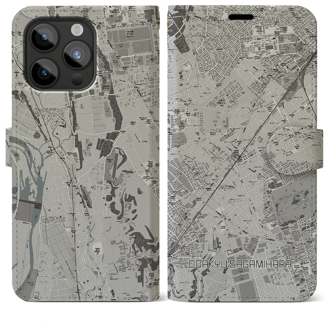 【小田急相模原】地図柄iPhoneケース（手帳両面タイプ・モノトーン）iPhone 15 Pro Max 用