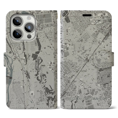 【小田急相模原（神奈川県）】地図柄iPhoneケース（手帳タイプ）モノトーン・iPhone 15 Pro 用