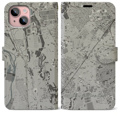 【小田急相模原（神奈川県）】地図柄iPhoneケース（手帳タイプ）モノトーン・iPhone 15 Plus 用