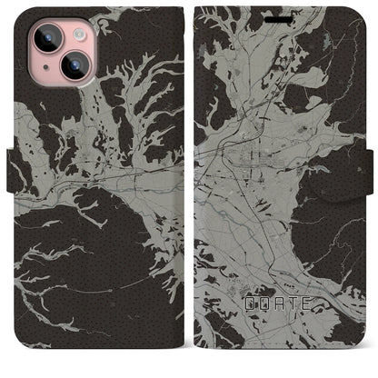 【大館（秋田県）】地図柄iPhoneケース（手帳タイプ）モノトーン・iPhone 15 Plus 用