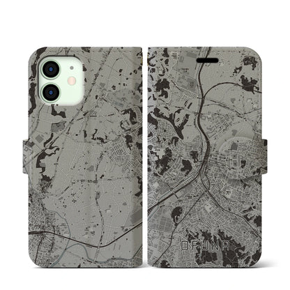 【大船（神奈川県）】地図柄iPhoneケース（手帳タイプ）モノトーン・iPhone 12 mini 用