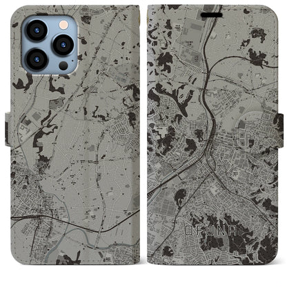 【大船（神奈川県）】地図柄iPhoneケース（手帳タイプ）モノトーン・iPhone 13 Pro Max 用