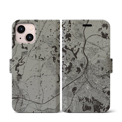 【大船（神奈川県）】地図柄iPhoneケース（手帳タイプ）モノトーン・iPhone 13 mini 用