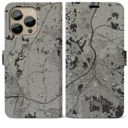 【大船（神奈川県）】地図柄iPhoneケース（手帳タイプ）モノトーン・iPhone 14 Pro Max 用