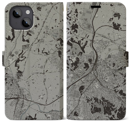 【大船（神奈川県）】地図柄iPhoneケース（手帳タイプ）モノトーン・iPhone 14 Plus 用