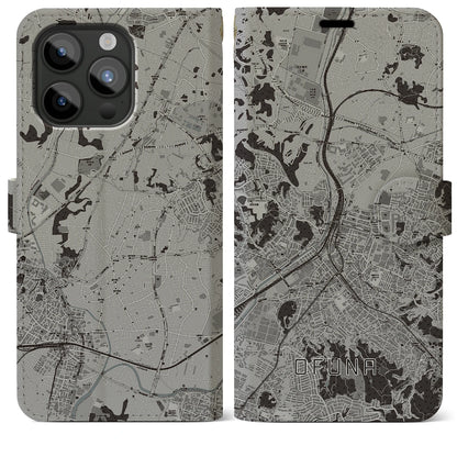 【大船（神奈川県）】地図柄iPhoneケース（手帳タイプ）モノトーン・iPhone 15 Pro Max 用