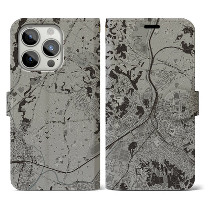 【大船（神奈川県）】地図柄iPhoneケース（手帳タイプ）モノトーン・iPhone 15 Pro 用