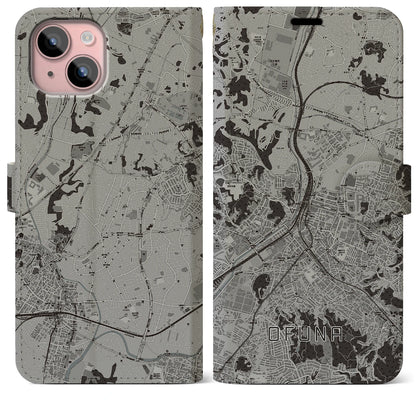 【大船（神奈川県）】地図柄iPhoneケース（手帳タイプ）モノトーン・iPhone 15 Plus 用