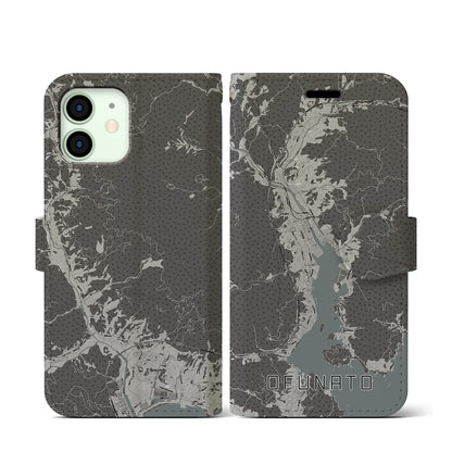 【大船渡（岩手県）】地図柄iPhoneケース（手帳タイプ）モノトーン・iPhone 12 mini 用