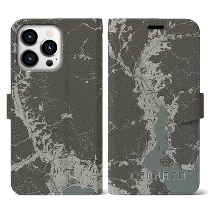 【大船渡（岩手県）】地図柄iPhoneケース（手帳タイプ）モノトーン・iPhone 13 Pro 用