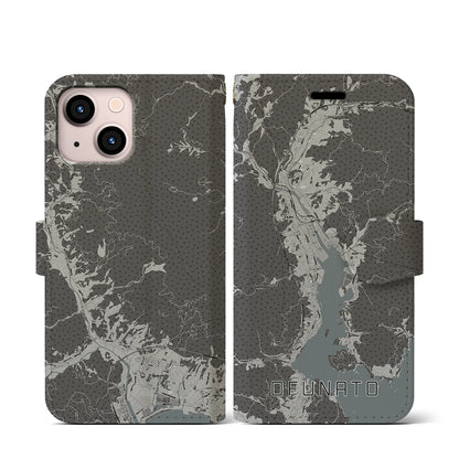 【大船渡（岩手県）】地図柄iPhoneケース（手帳タイプ）モノトーン・iPhone 13 mini 用