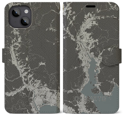 【大船渡（岩手県）】地図柄iPhoneケース（手帳タイプ）モノトーン・iPhone 14 Plus 用