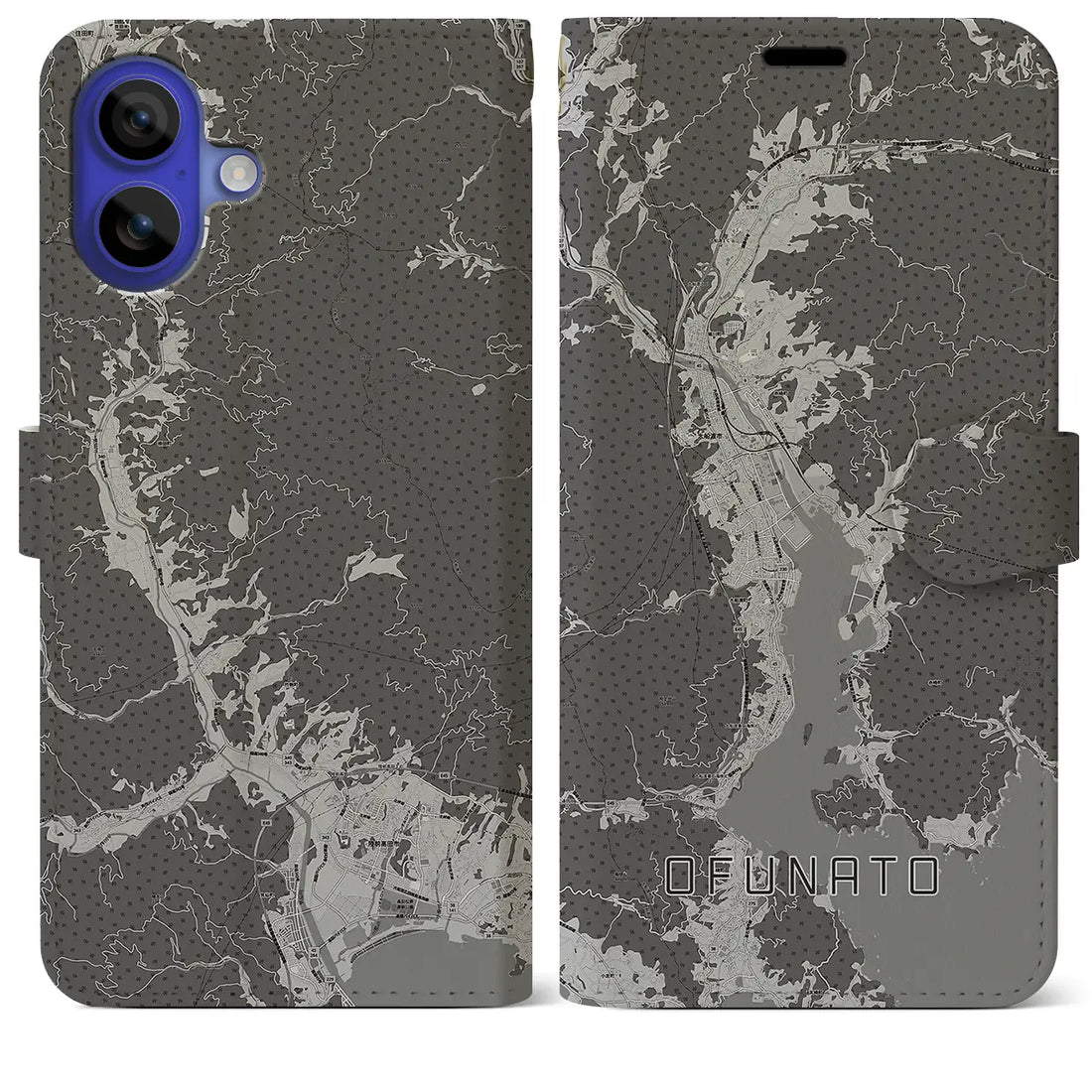 【大船渡(岩手県)】地図柄iPhoneケース(手帳タイプ)モノトーン・iPhone 16 Pro Max 用