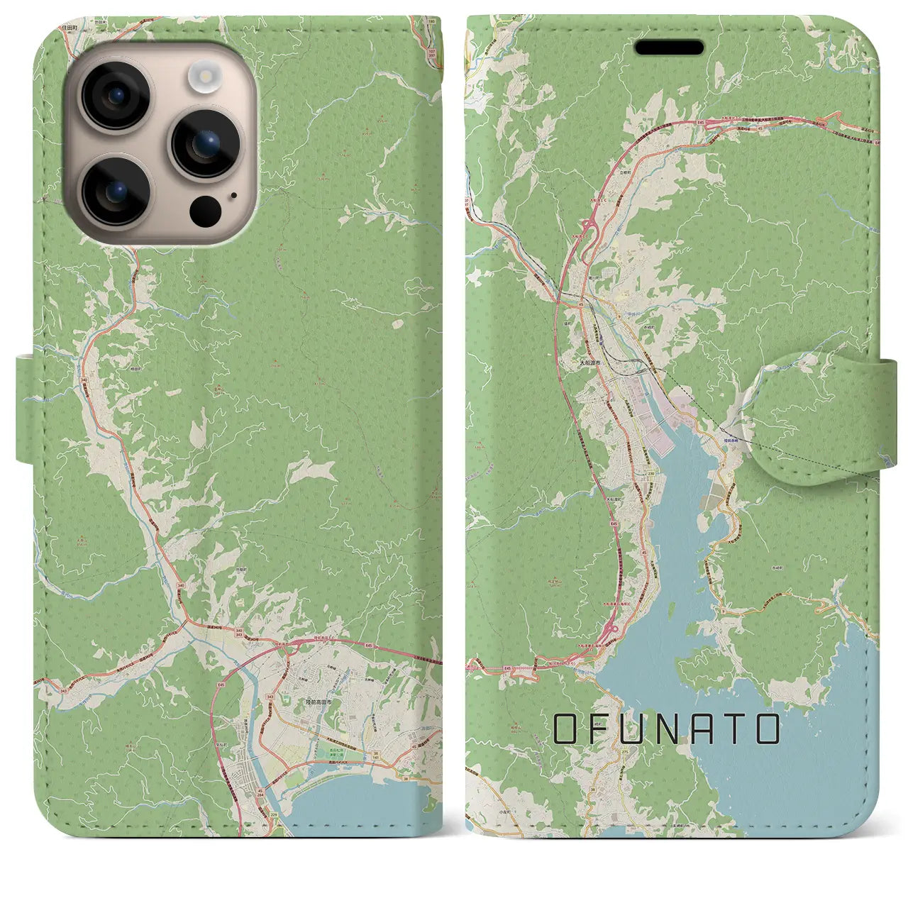 【大船渡（岩手県）】地図柄iPhoneケース（手帳タイプ）ナチュラル・iPhone 16 Plus 用