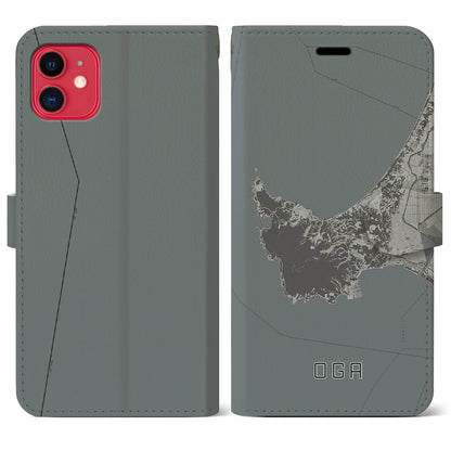 【男鹿（秋田県）】地図柄iPhoneケース（手帳タイプ）モノトーン・iPhone 11 用