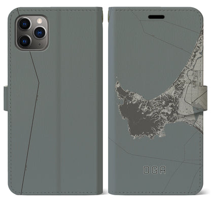 【男鹿（秋田県）】地図柄iPhoneケース（手帳タイプ）モノトーン・iPhone 11 Pro Max 用