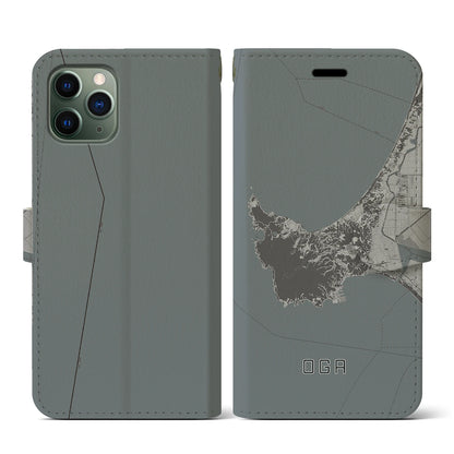 【男鹿（秋田県）】地図柄iPhoneケース（手帳タイプ）モノトーン・iPhone 11 Pro 用