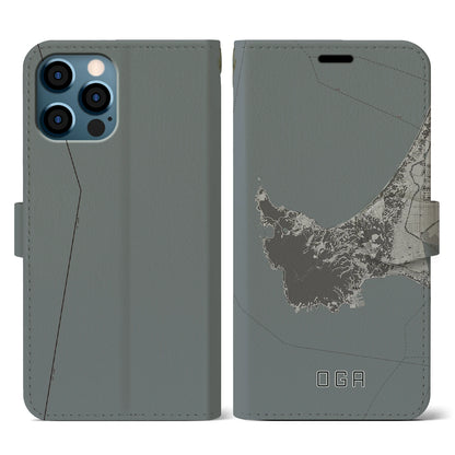 【男鹿（秋田県）】地図柄iPhoneケース（手帳タイプ）モノトーン・iPhone 12 / 12 Pro 用