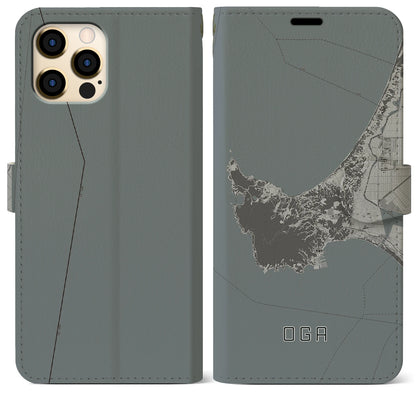 【男鹿（秋田県）】地図柄iPhoneケース（手帳タイプ）モノトーン・iPhone 12 Pro Max 用