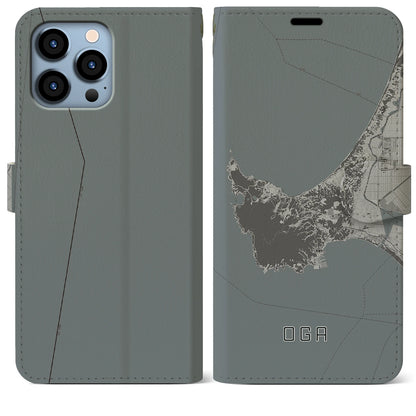 【男鹿（秋田県）】地図柄iPhoneケース（手帳タイプ）モノトーン・iPhone 13 Pro Max 用