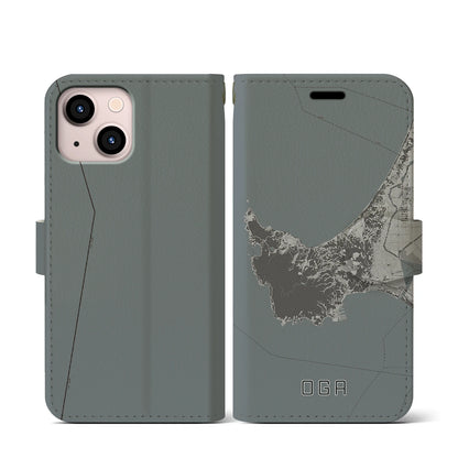 【男鹿（秋田県）】地図柄iPhoneケース（手帳タイプ）モノトーン・iPhone 13 mini 用