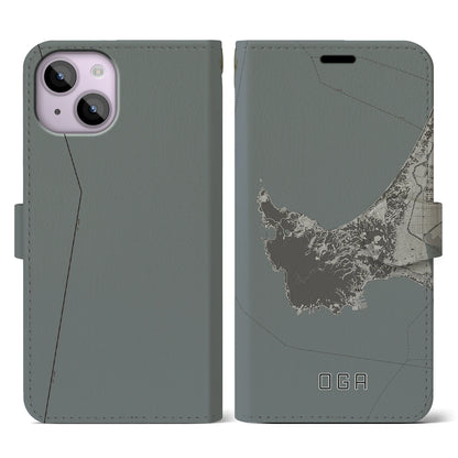 【男鹿（秋田県）】地図柄iPhoneケース（手帳タイプ）モノトーン・iPhone 14 用