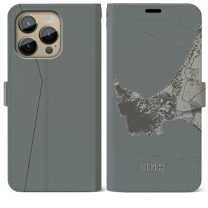 【男鹿（秋田県）】地図柄iPhoneケース（手帳タイプ）モノトーン・iPhone 14 Pro Max 用