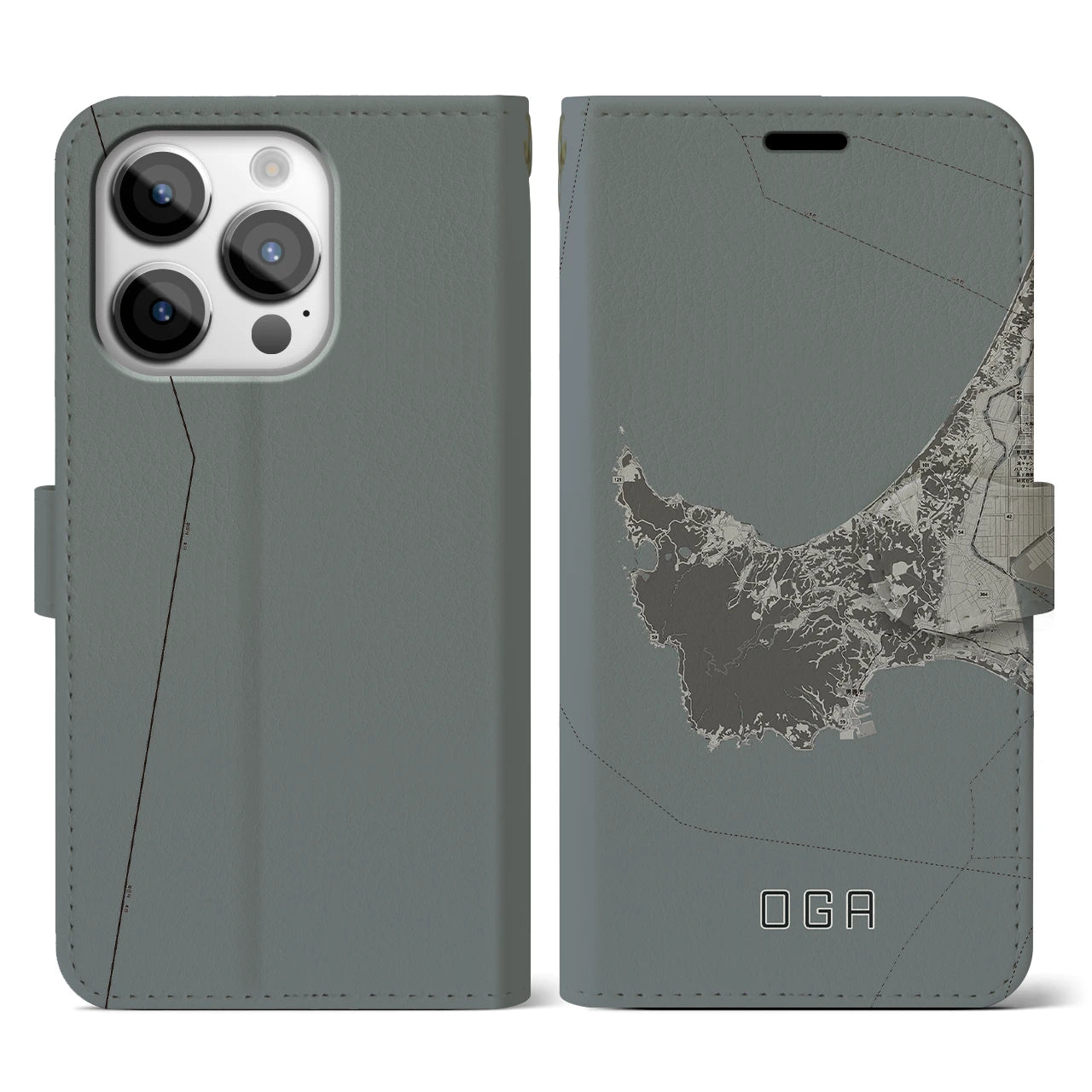 【男鹿】地図柄iPhoneケース（手帳両面タイプ・モノトーン）iPhone 14 Pro 用
