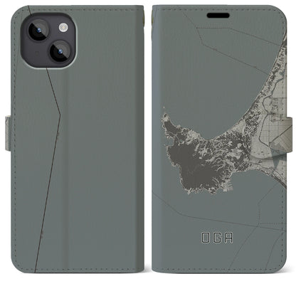 【男鹿（秋田県）】地図柄iPhoneケース（手帳タイプ）モノトーン・iPhone 14 Plus 用