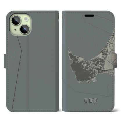 【男鹿（秋田県）】地図柄iPhoneケース（手帳タイプ）モノトーン・iPhone 15 用