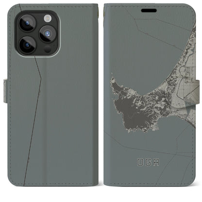 【男鹿（秋田県）】地図柄iPhoneケース（手帳タイプ）モノトーン・iPhone 15 Pro Max 用