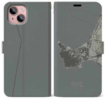 【男鹿（秋田県）】地図柄iPhoneケース（手帳タイプ）モノトーン・iPhone 15 Plus 用