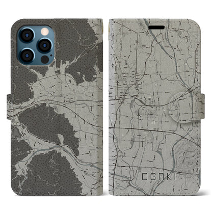 【大垣（岐阜県）】地図柄iPhoneケース（手帳タイプ）モノトーン・iPhone 12 / 12 Pro 用