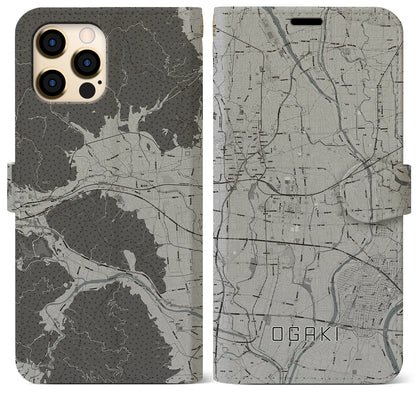 【大垣（岐阜県）】地図柄iPhoneケース（手帳タイプ）モノトーン・iPhone 12 Pro Max 用