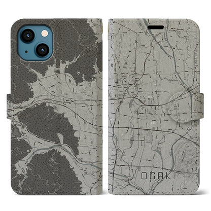 【大垣（岐阜県）】地図柄iPhoneケース（手帳タイプ）モノトーン・iPhone 13 用