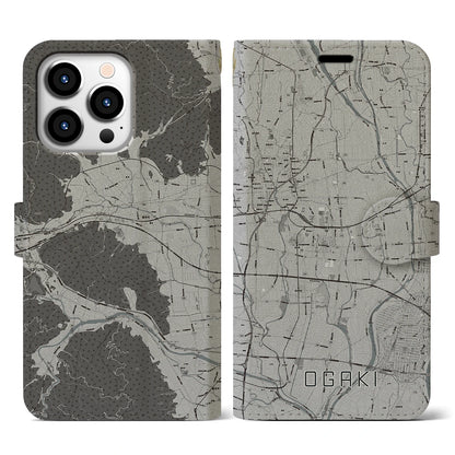 【大垣（岐阜県）】地図柄iPhoneケース（手帳タイプ）モノトーン・iPhone 13 Pro 用