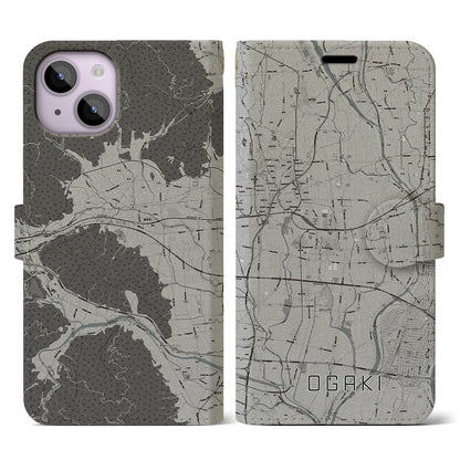 【大垣（岐阜県）】地図柄iPhoneケース（手帳タイプ）モノトーン・iPhone 14 用