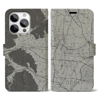 【大垣（岐阜県）】地図柄iPhoneケース（手帳タイプ）モノトーン・iPhone 14 Pro 用