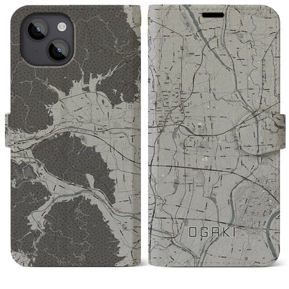 【大垣（岐阜県）】地図柄iPhoneケース（手帳タイプ）モノトーン・iPhone 14 Plus 用