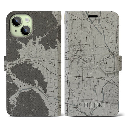 【大垣（岐阜県）】地図柄iPhoneケース（手帳タイプ）モノトーン・iPhone 15 用