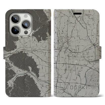【大垣（岐阜県）】地図柄iPhoneケース（手帳タイプ）モノトーン・iPhone 15 Pro 用