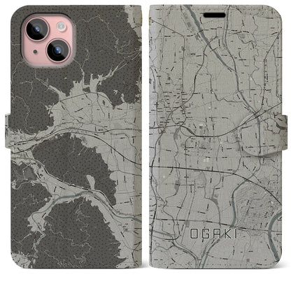 【大垣（岐阜県）】地図柄iPhoneケース（手帳タイプ）モノトーン・iPhone 15 Plus 用