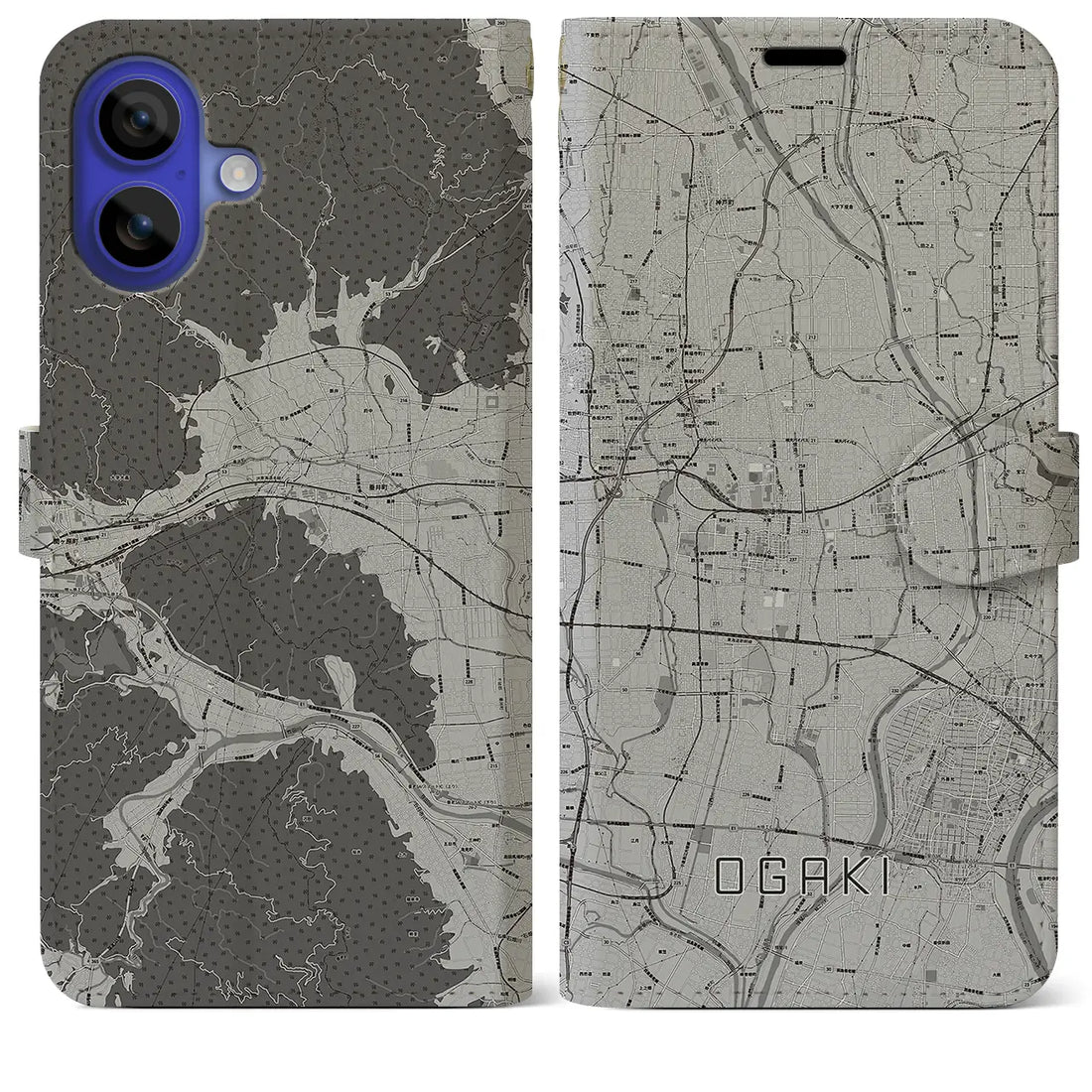 【大垣(岐阜県)】地図柄iPhoneケース(手帳タイプ)モノトーン・iPhone 16 Pro Max 用