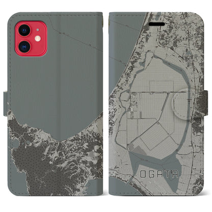 【大潟（秋田県）】地図柄iPhoneケース（手帳タイプ）モノトーン・iPhone 11 用