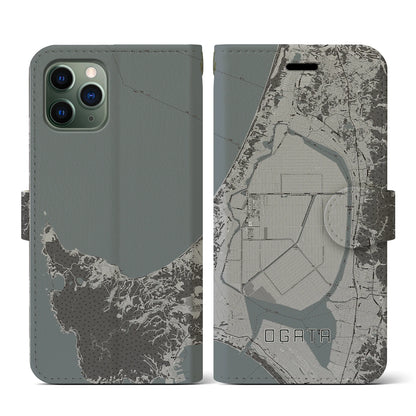 【大潟（秋田県）】地図柄iPhoneケース（手帳タイプ）モノトーン・iPhone 11 Pro 用