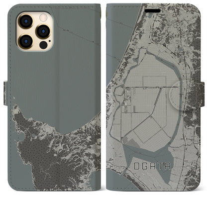【大潟（秋田県）】地図柄iPhoneケース（手帳タイプ）モノトーン・iPhone 12 Pro Max 用
